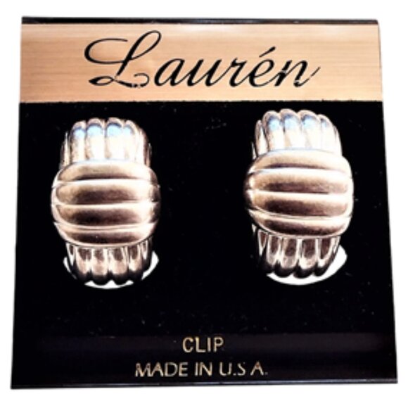 Lauren 7/8" Cross Band Lined Half Hoop Clip On Earrings Vintage Silver Tone Plat - Picture 3 of 3